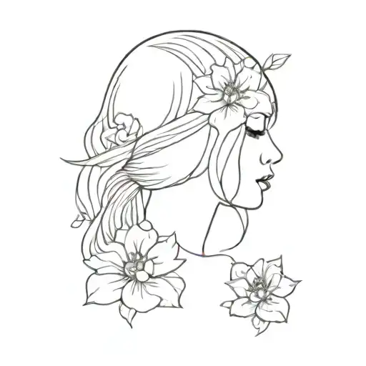 Line Tattoo Of Flowers As Hair Girl No Face Features Delicate Simple