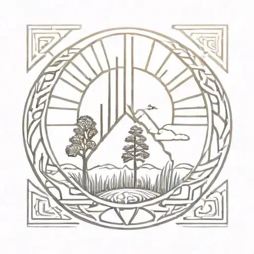 Oak And Sun Rays With Ancient Slavic Patterns