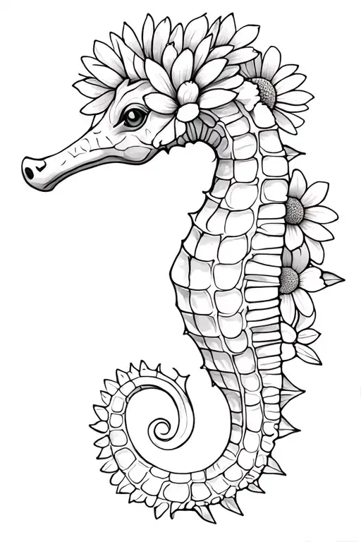Seahorse With Daisy And Chrysanthemum Flowers Feminine Less Detail In The Seahorse More Fine Line