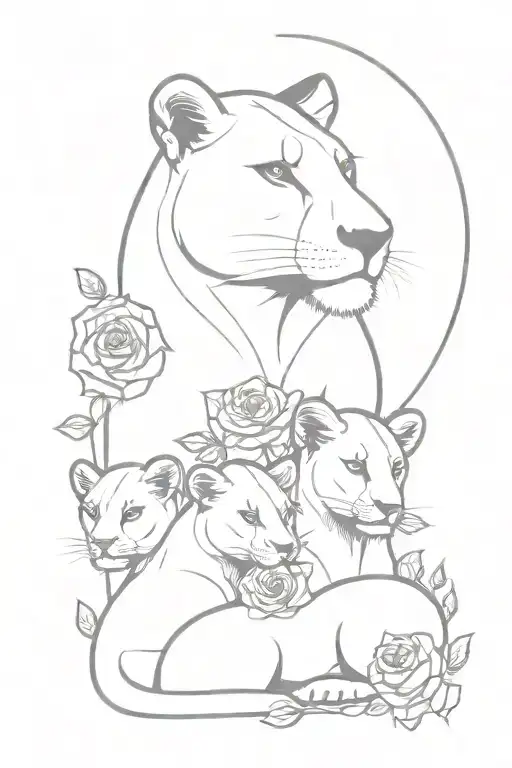 Lioness & 3 Cubs Intertwined With Roses