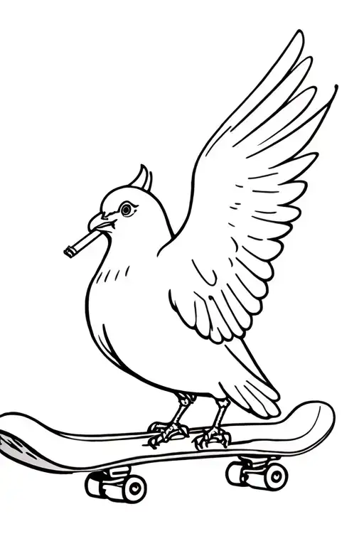 A Dove With A Cigarette In Her Beak On A Skateboard