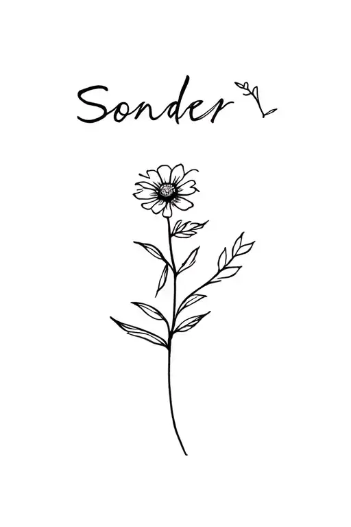 Fine Line Tattoo With Small Flower And The Word Sonder