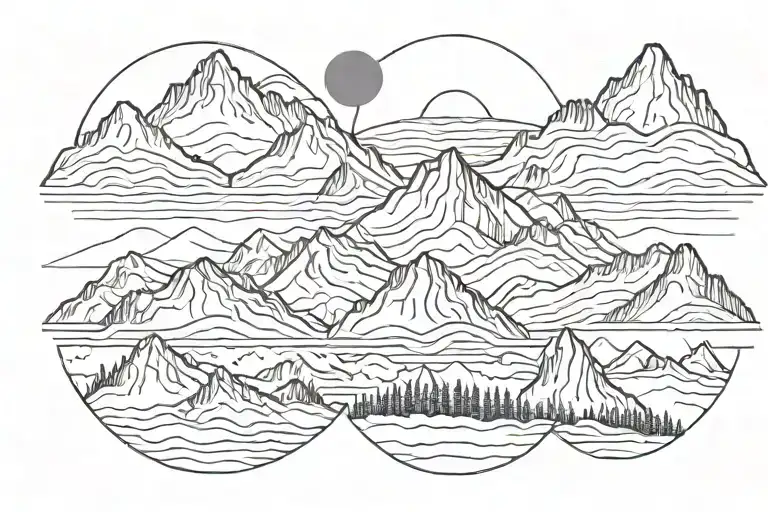 Six Mountain Tops With Sun In The Background