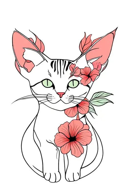 Big Hibiscus Flowers And Cat