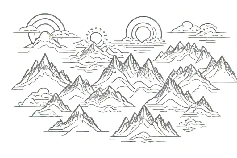 Six Mountain Tops With The Sun In The Background