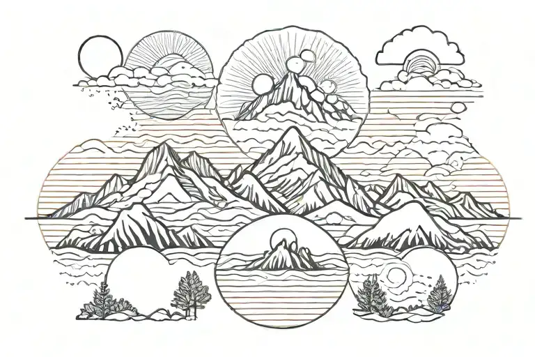 Six Mountain Tops With The Sun In The Background