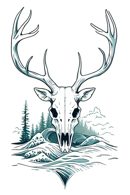 Native Bush Forestry Ocean Waves Deer Skull