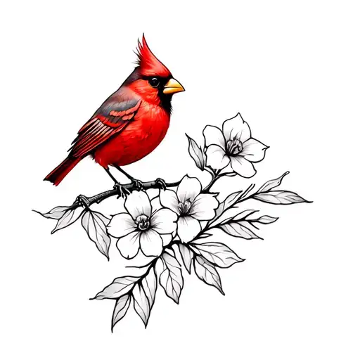 Cardinal And Flowers