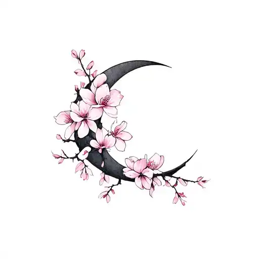 Crescent Moon With Cherry Blossoms And Magnolias Blooming