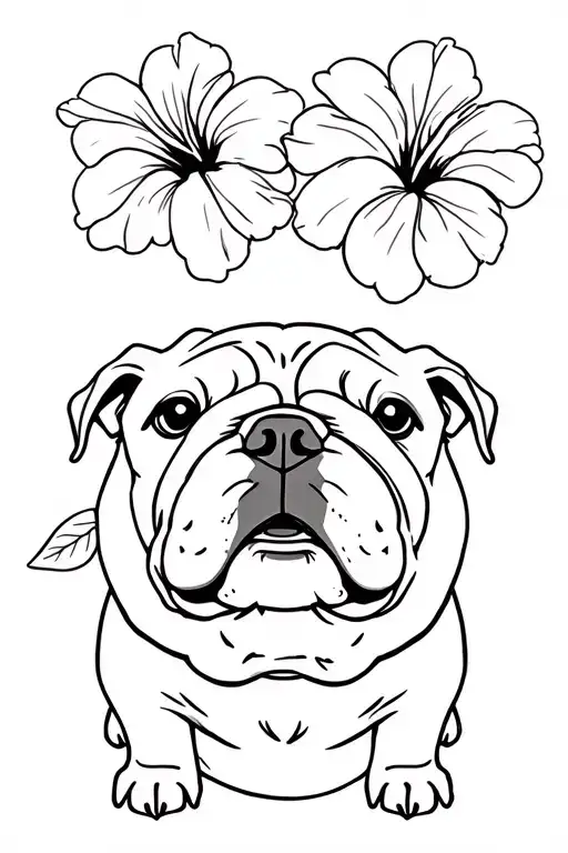 Tough And Cute Cartoon English Bulldog Mnochrome Sketch With Hibiscus Flowers
