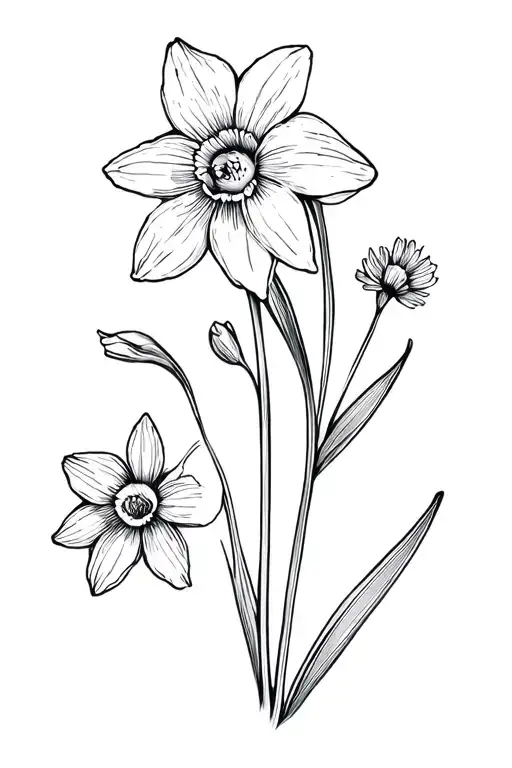 Daffodil And Cosmos Flowers With Stems