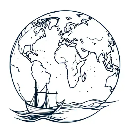 World Ball With Outline Of The Continents With A Paper Folding Boat On The Ocean