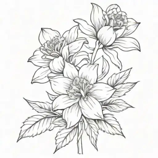 Daffodil And Chrysanthemum With Stems In A Bouquet With A Bow Tying It Together