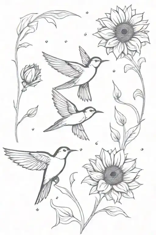 Two Swallows Flying Upwards Over Sunflowers