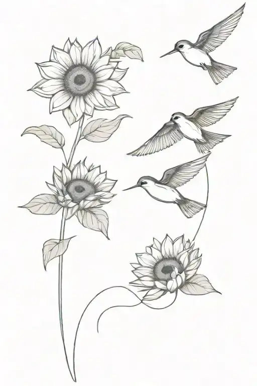 Two Swallows Flying Upwards Over Three Sunflowers