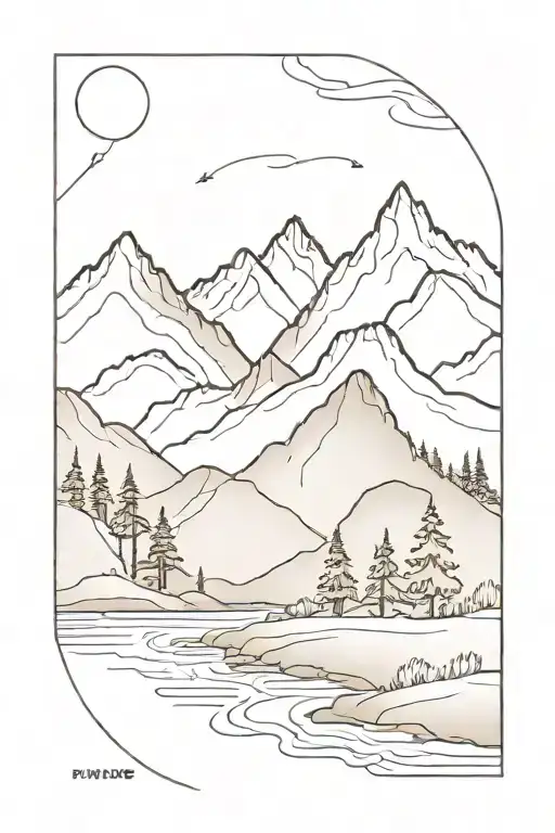 Mountains With River Flowing Near Trees Growing