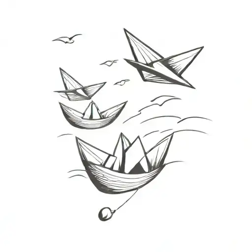 A Paper Boat In The Water And A Paper Airplane Flying Above It Black And White