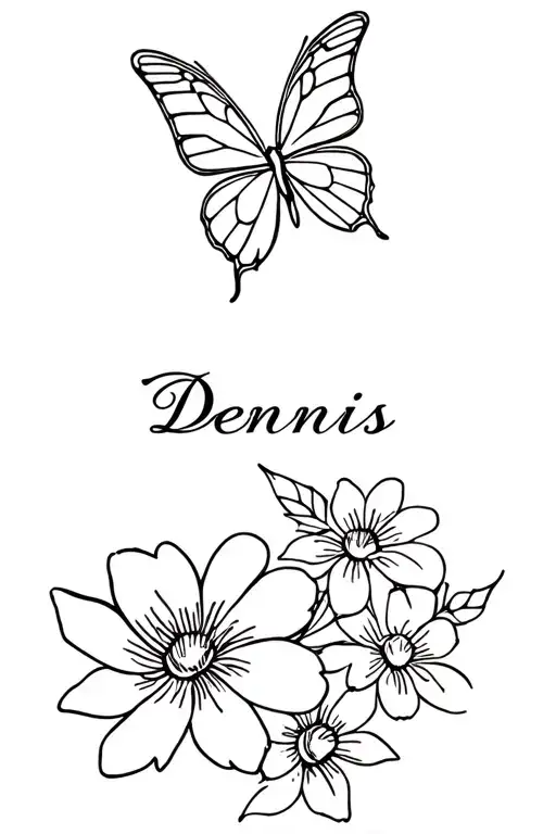 Thin Line Butterfly With Flowers And The Name Dennis Written In Cursive
