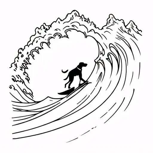 A Labrador Surfing A Giant Wave With A Silhouette Of A Climber Scaling A Mountain In The Background