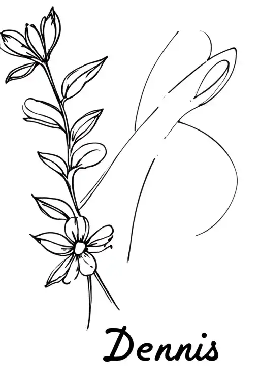 Thin Line Tattoo With Flowers And The Name Dennis Written In Cursive As A Flower Stem