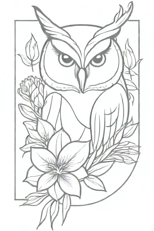 Owl Face With No Geometric Surrounded By Cosmo Flower And Gladiolus Flower
