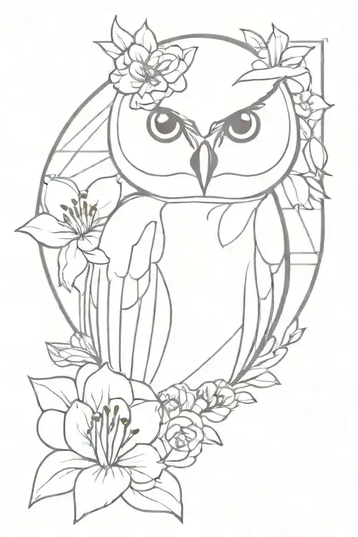 Owl Face With No Geometric Surrounded By Cosmo Flower And Gladiolus Flower