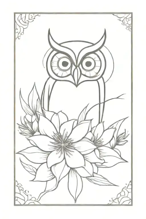 Owl Face With No Geometric Surrounded By Cosmo Flower And Gladiolus Flower