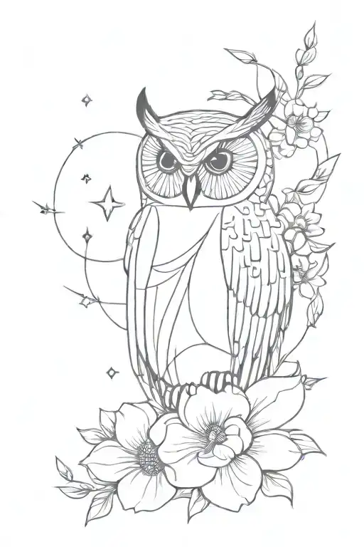 Owl Face With No Geometric Surrounded By Lots Of Cosmo Flowers And Gladiolus Flowers