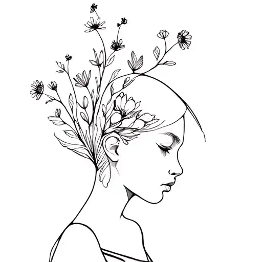 A Minimal Confident Strong Girl Tattoo With Flowers Growing Instead Of Her Head