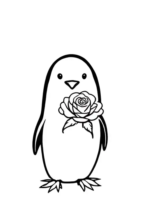 Line Penguin With Rose In Feet