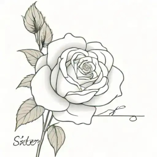 Fine Line Petite Rose With Word Sister As Part Of The Stem In Script