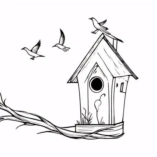 Bird House With Birds Flying Away