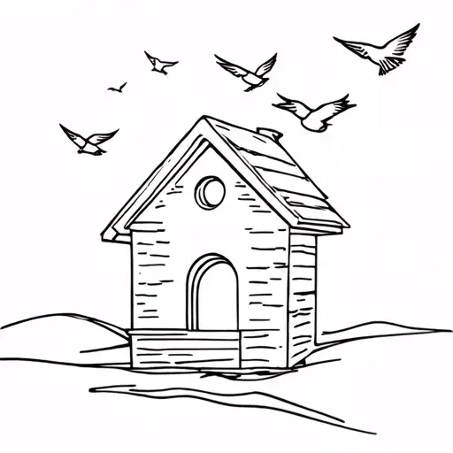 Bird House With Birds Flying Away In The Sky