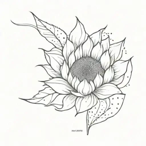 A Tattoo Around The Thigh That Represents A Sunflower In Fine Lines And Dots