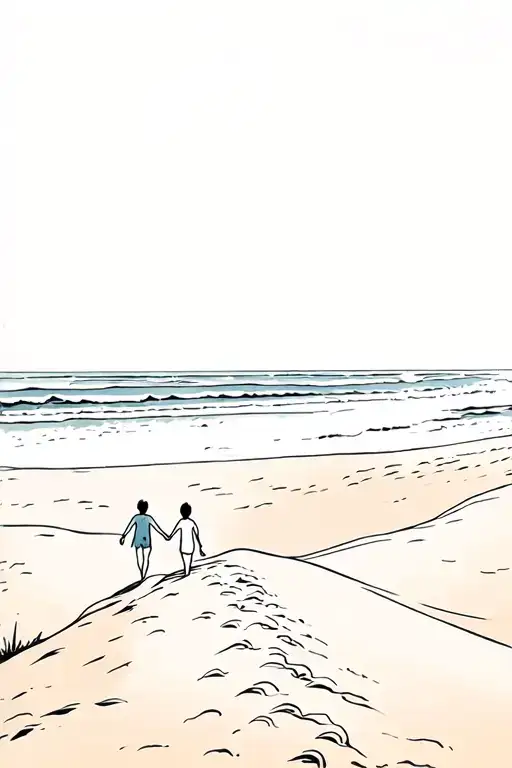 Beach With Large Dune One Side And A Ocean On The Other With Two Kids Walking Away Holding Hands