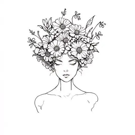 Fine Line Female With Flowers Coming Out Of Head