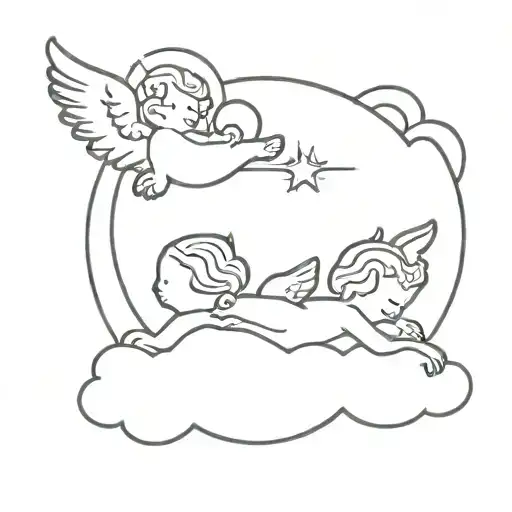 Two Angels Lying On A Cloud Looking Down With A Sun