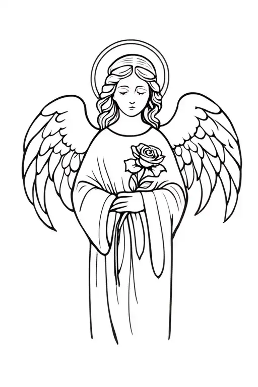 Small Stylized Angel With A Rose In Hand And A Halo On The Head