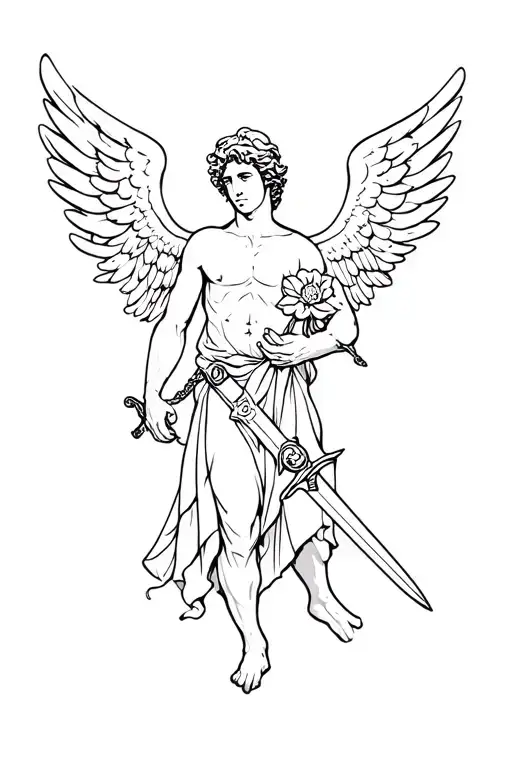 Small Stylized Male Angel With A Flower In One Hand And One Sword In The Other Hand