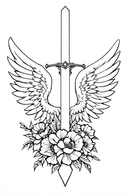 Angelo Wings With A Sword And A Bouquet Of Flowers
