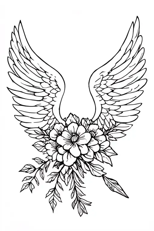Angel Wings With Arrow And A Bouquet Of Flowers