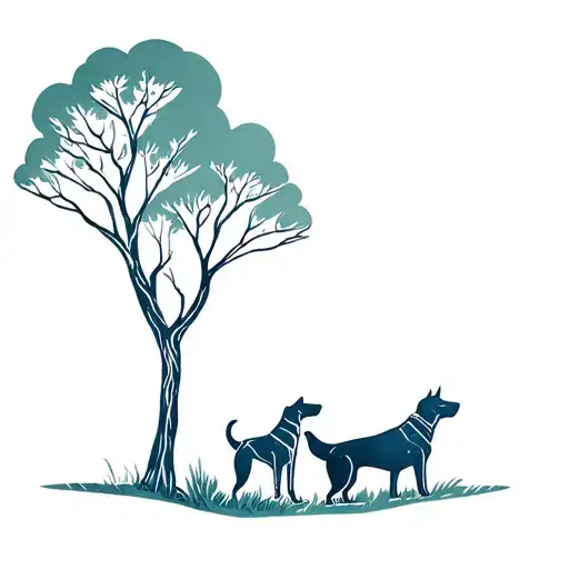 Man And Two Dogs In Nature Elements Like Trees