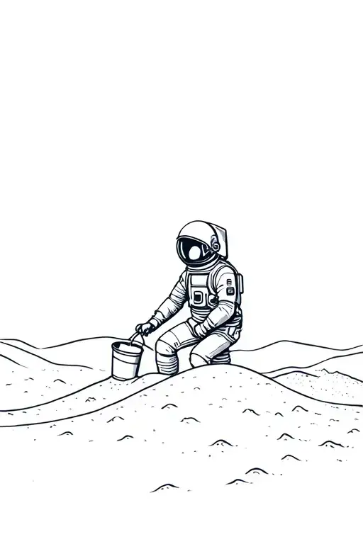 Astronaut Playing In Sand With A Sand Bucket On Its Helmet