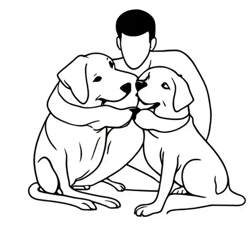 Man Owner Hugging Two Dogs Playing