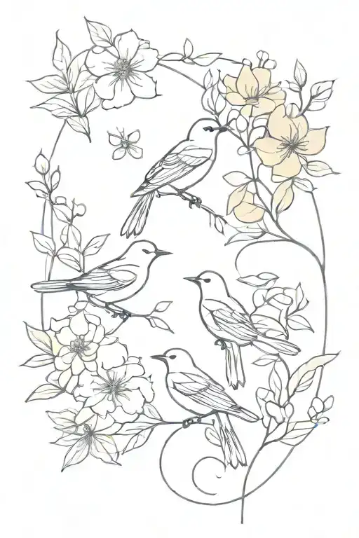 Birds And Flowers In Line Art Style