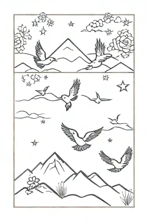 Flying Birds And Flowers With Mountains And Stars In Line Art Style Tattoo Design
