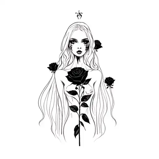Gothic Design Woman With Black Roses Pentograms And Scarring Lines