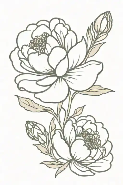 Marigold And Peony Flower Intertwined In A Stamp