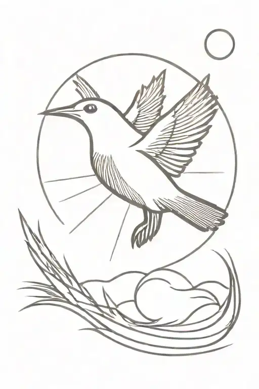 Linocut Bird Flying In Front Of Sun Long Sunrays