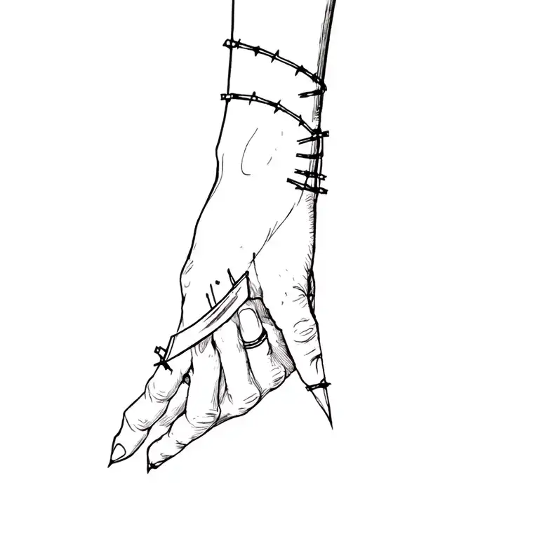 A Knife Slicing Wrist With Stitches
